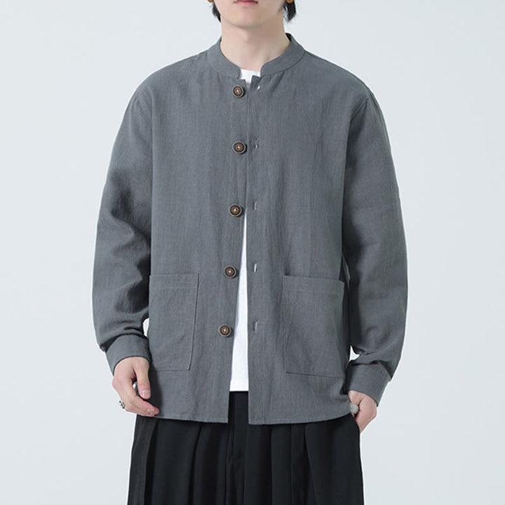 Chaqueta y camisa con botones y bolsillos de Buddha Stones para hombre, de lino y algodón con forro polar - image 0