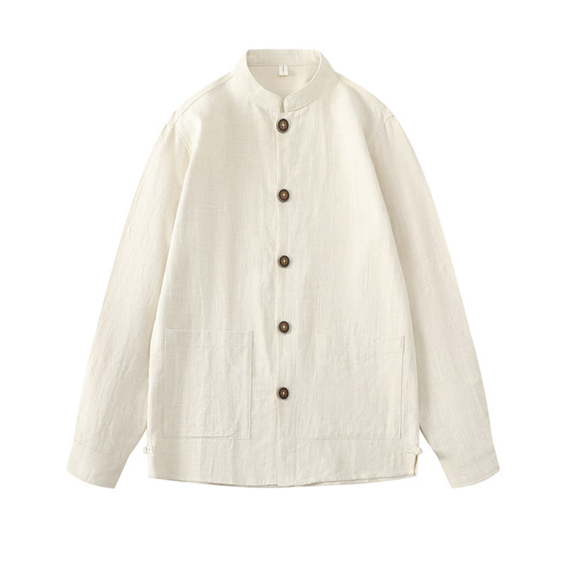 Chaqueta y camisa con botones y bolsillos de Buddha Stones para hombre, de lino y algodón con forro polar - image 3