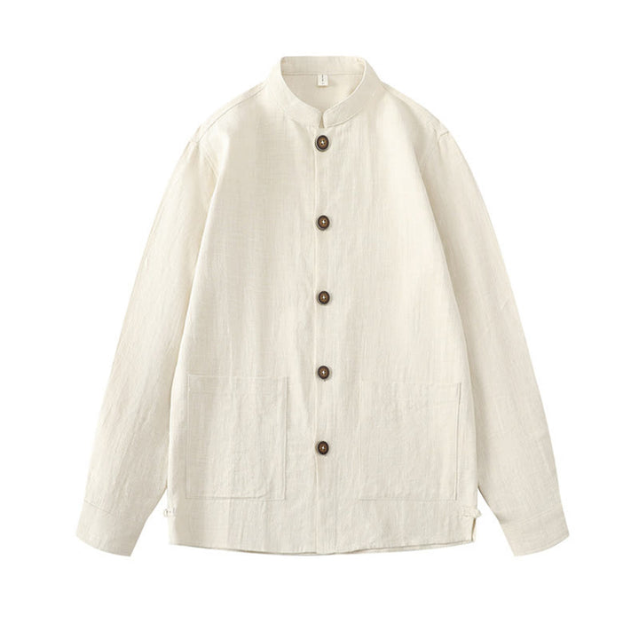 Chaqueta y camisa con botones y bolsillos de Buddha Stones para hombre, de lino y algodón con forro polar - image 3