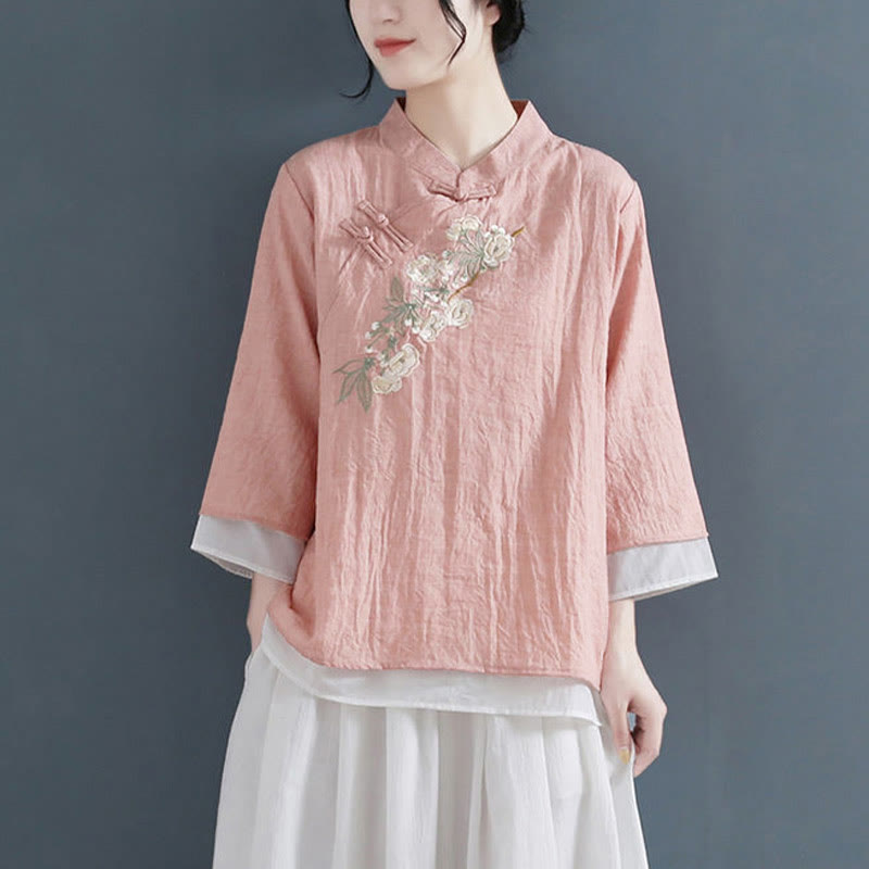 Camisa de lino y algodón para mujer, con cuello mandarín, manga tres cuartos y botones de rana, con bordado de flores y Buddha Stones - Coral claro - US12, UK/AU16, EU44 (3XL) - image 0
