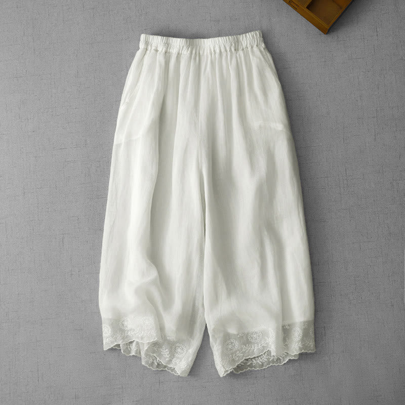 Pantalones cortos de algodón con bordado de encaje de color liso para mujer, de Buddha Stones Commute, con pernera ancha y bolsillos - Blanco - US8-10，UK/AU12-14，EU40-42 (2XL) - image 0