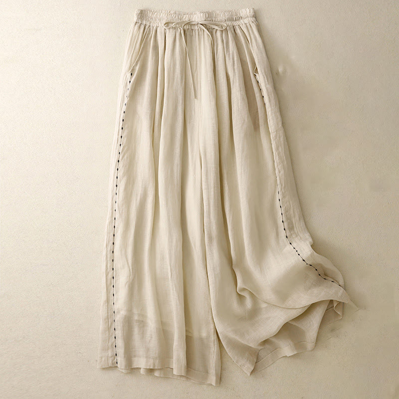 Pantalones de algodón con bordado de Buddha Stones Commute, de color liso, con cordón ajustable y pernera ancha hasta el tobillo para mujer, con bolsillos - Vara de oro pálida - US8-10，UK/AU12-14，EU40-42 (2XL) - image 0