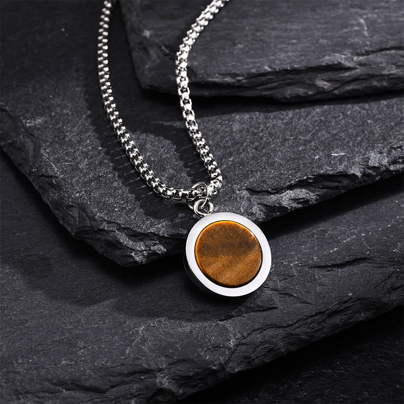 Collar con colgante de purificación de acero y titanio con piedras naturales de Buddha Stones, turquesa, ojo de tigre, lazurita, lapislázuli, malaquita y acero. - Ojo de tigre - image 0