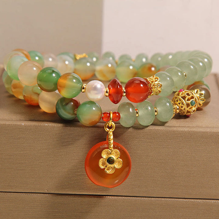 Pulsera de doble capa con hebilla de paz y perla, con Buddha Stones, ágata natural colorida y flor de pavo real