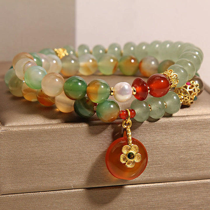 Pulsera de doble capa con hebilla de paz y perla, con Buddha Stones, ágata natural colorida y flor de pavo real
