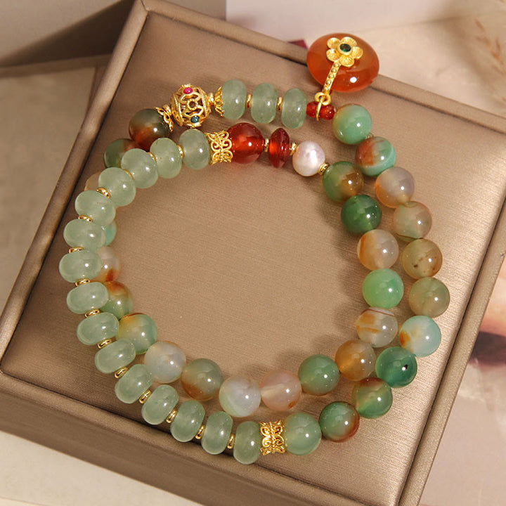 Pulsera de doble capa con hebilla de paz y perla, con Buddha Stones, ágata natural colorida y flor de pavo real