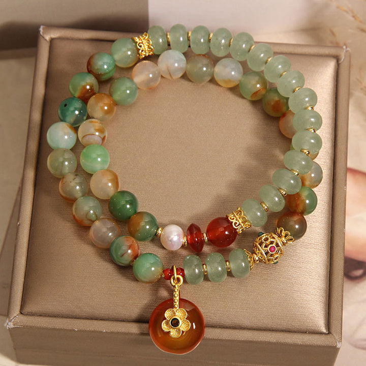 Pulsera de doble capa con hebilla de paz y perla, con Buddha Stones, ágata natural colorida y flor de pavo real