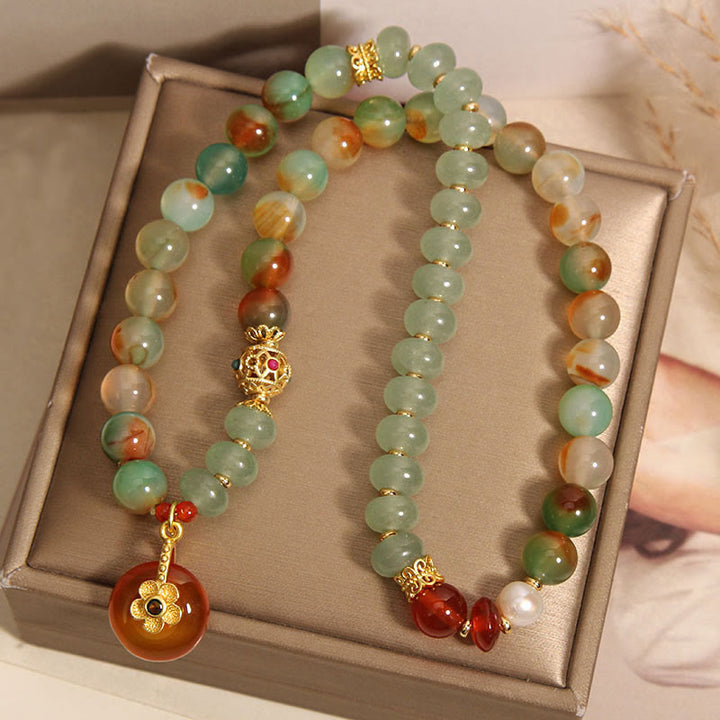 Pulsera de doble capa con hebilla de paz y perla, con Buddha Stones, ágata natural colorida y flor de pavo real