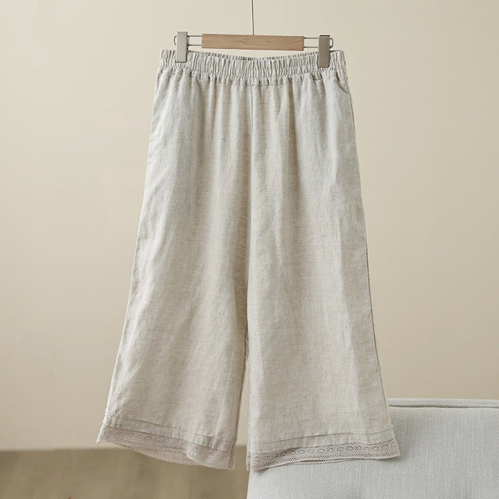 Pantalones de algodón de pierna ancha para mujer con bolsillos y diseño retro de patchwork de encaje liso de Buddha Stones Commute, longitud 7-8