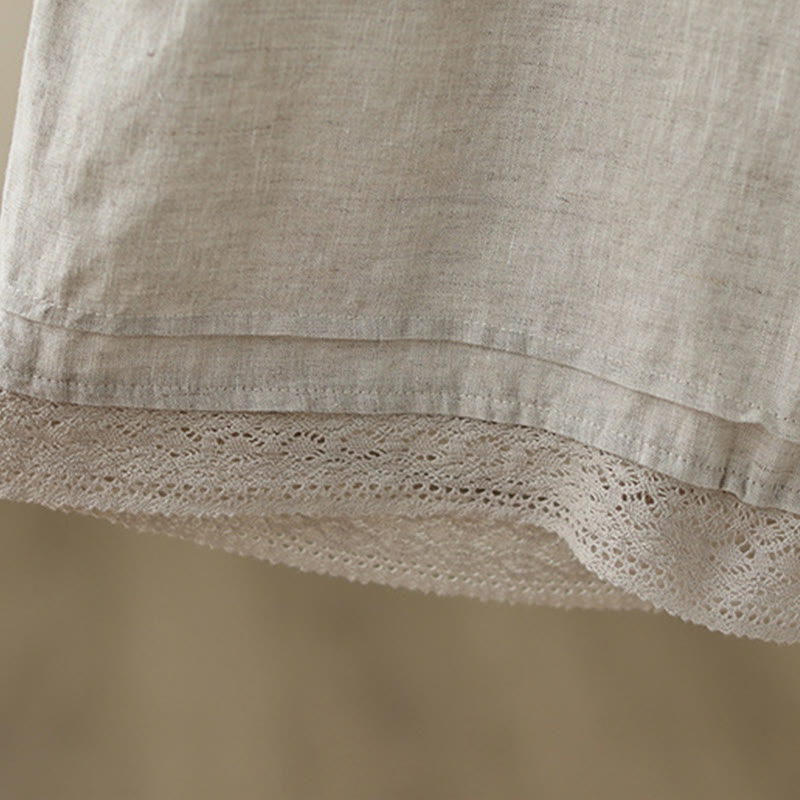 Pantalones de algodón de pierna ancha para mujer con bolsillos y diseño retro de patchwork de encaje liso de Buddha Stones Commute, longitud 7-8 - image 8