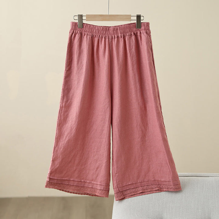 Pantalones de algodón de pierna ancha para mujer con bolsillos y diseño retro de patchwork de encaje liso de Buddha Stones Commute, longitud 7-8