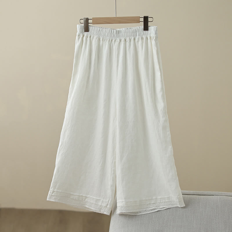 Pantalones de algodón de pierna ancha para mujer con bolsillos y diseño retro de patchwork de encaje liso de Buddha Stones Commute, longitud 7-8 - FloralBlanco - US8-10，UK/AU12-14，EU40-42 (2XL) - image 19