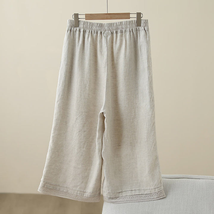 Pantalones de algodón de pierna ancha para mujer con bolsillos y diseño retro de patchwork de encaje liso de Buddha Stones Commute, longitud 7-8