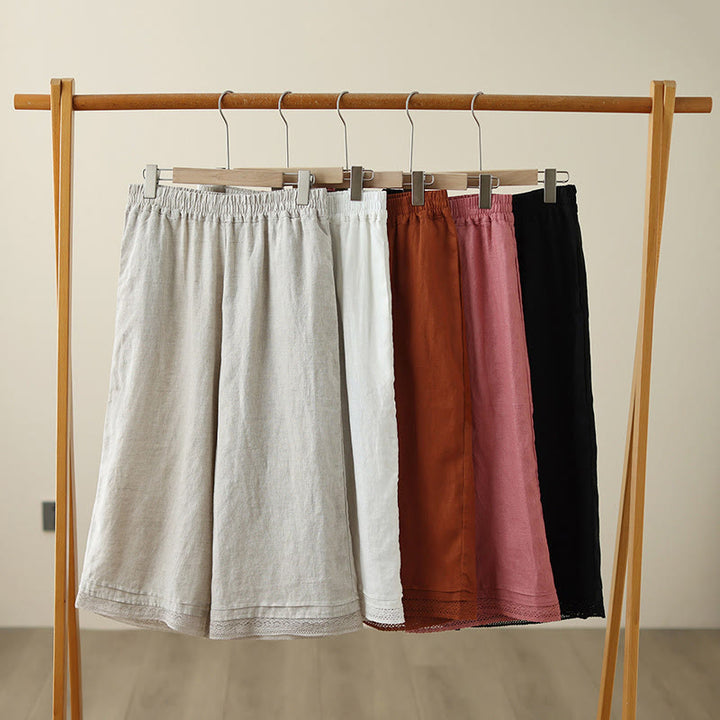 Pantalones de algodón de pierna ancha para mujer con bolsillos y diseño retro de patchwork de encaje liso de Buddha Stones Commute, longitud 7-8