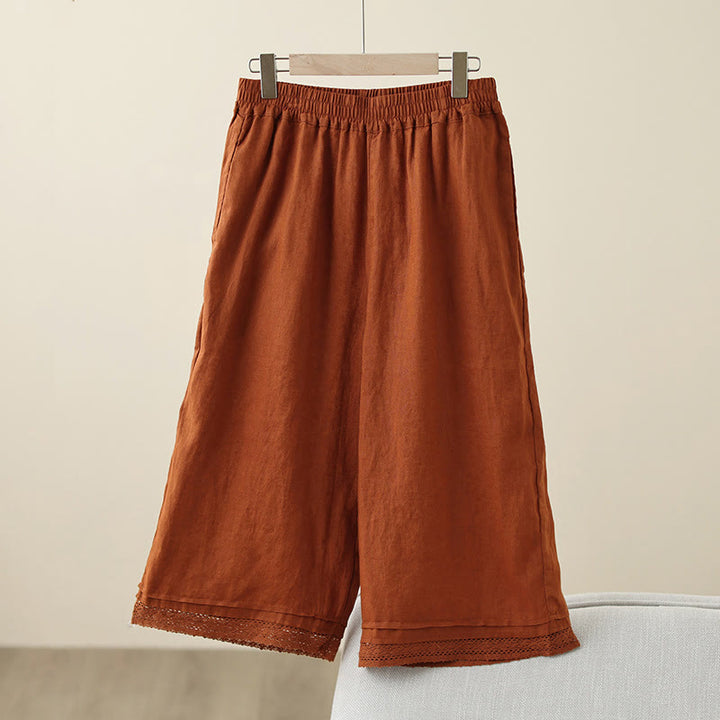 Pantalones de algodón de pierna ancha para mujer con bolsillos y diseño retro de patchwork de encaje liso de Buddha Stones Commute, longitud 7-8