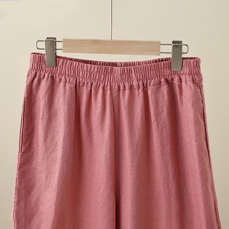 Pantalones de algodón de pierna ancha para mujer con bolsillos y diseño retro de patchwork de encaje liso de Buddha Stones Commute, longitud 7-8