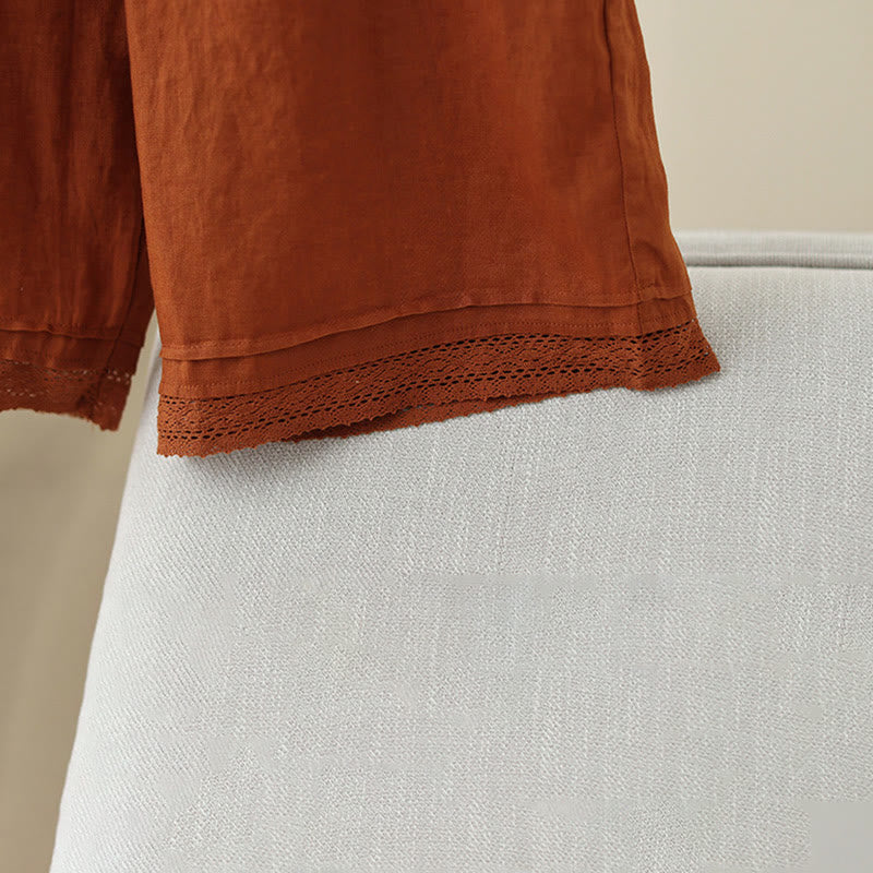 Pantalones de algodón de pierna ancha para mujer con bolsillos y diseño retro de patchwork de encaje liso de Buddha Stones Commute, longitud 7-8