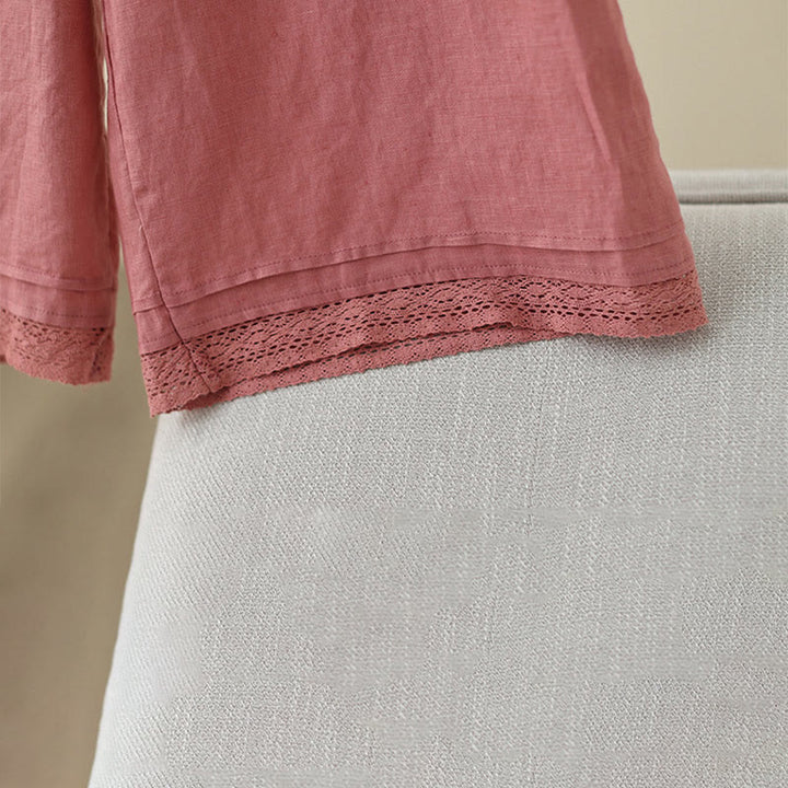 Pantalones de algodón de pierna ancha para mujer con bolsillos y diseño retro de patchwork de encaje liso de Buddha Stones Commute, longitud 7-8