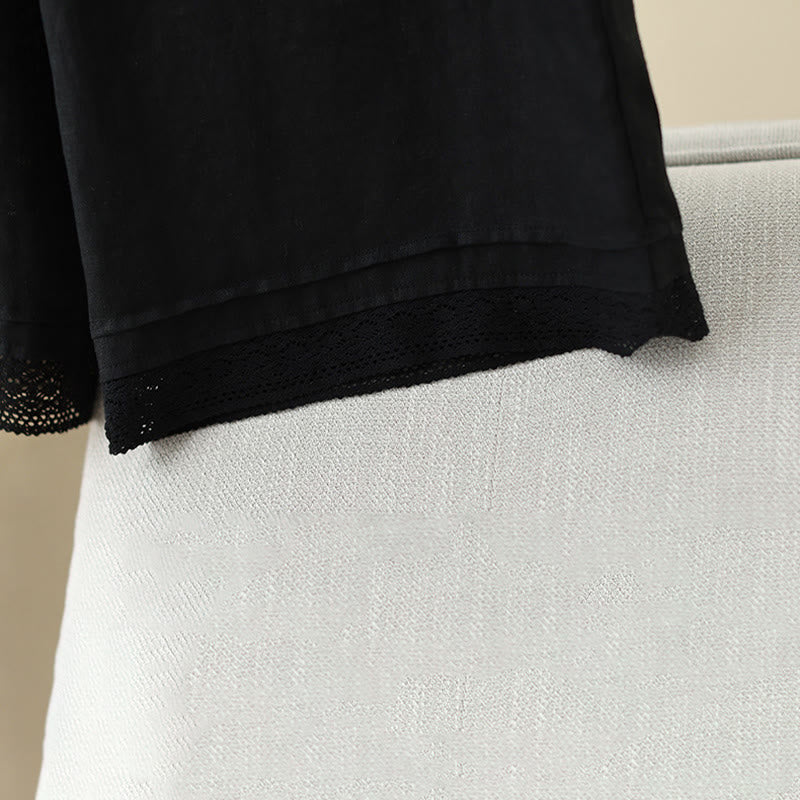 Pantalones de algodón de pierna ancha para mujer con bolsillos y diseño retro de patchwork de encaje liso de Buddha Stones Commute, longitud 7-8