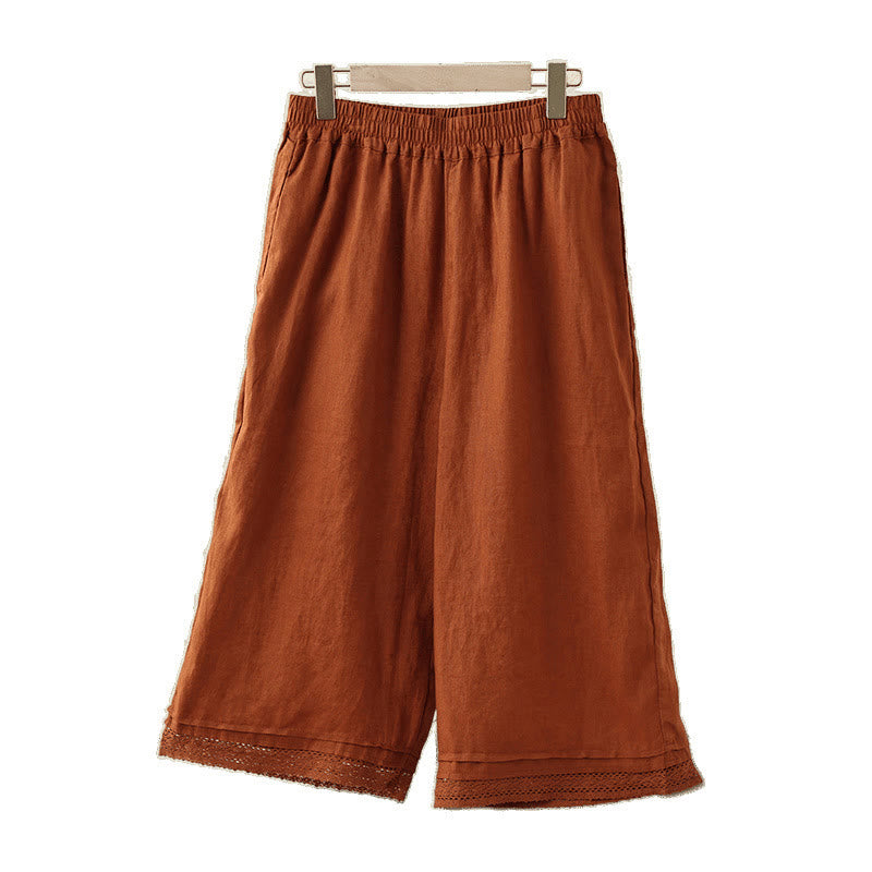 Pantalones de algodón de pierna ancha para mujer con bolsillos y diseño retro de patchwork de encaje liso de Buddha Stones Commute, longitud 7-8 - image 18