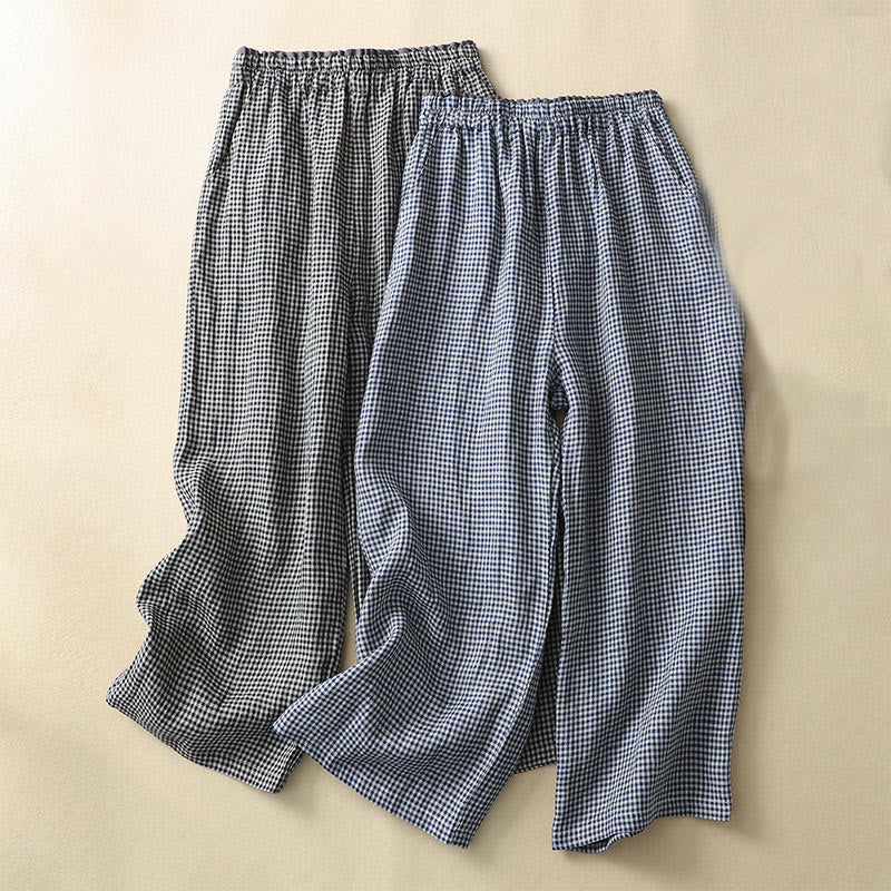 Pantalones casuales de lino y algodón con estampado a cuadros Buddha Stones Commute, de longitud 7-8, para mujer, con pernera ancha y bolsillos - image 16
