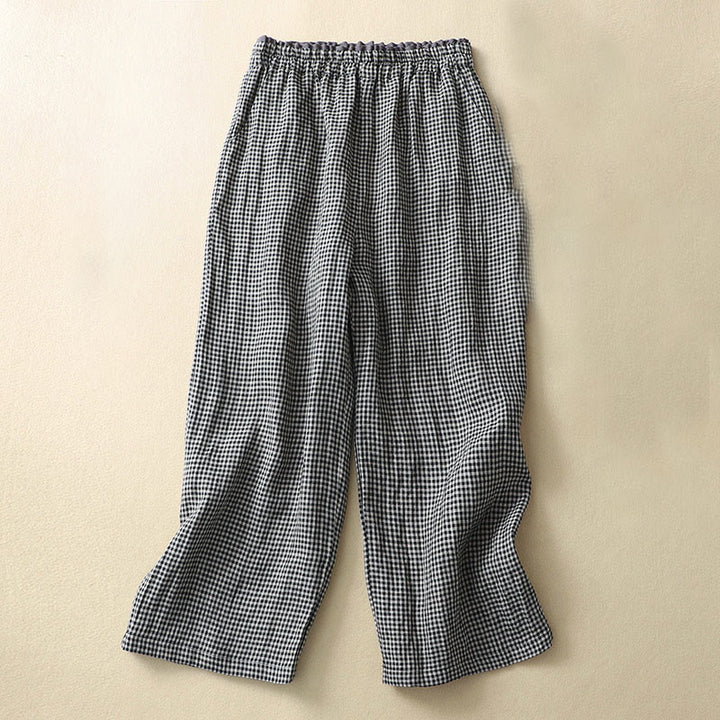 Pantalones casuales de lino y algodón con estampado a cuadros Buddha Stones Commute, de longitud 7-8, para mujer, con pernera ancha y bolsillos - Negro - US8-10，UK/AU12-14，EU40-42 (2XL) - image 9