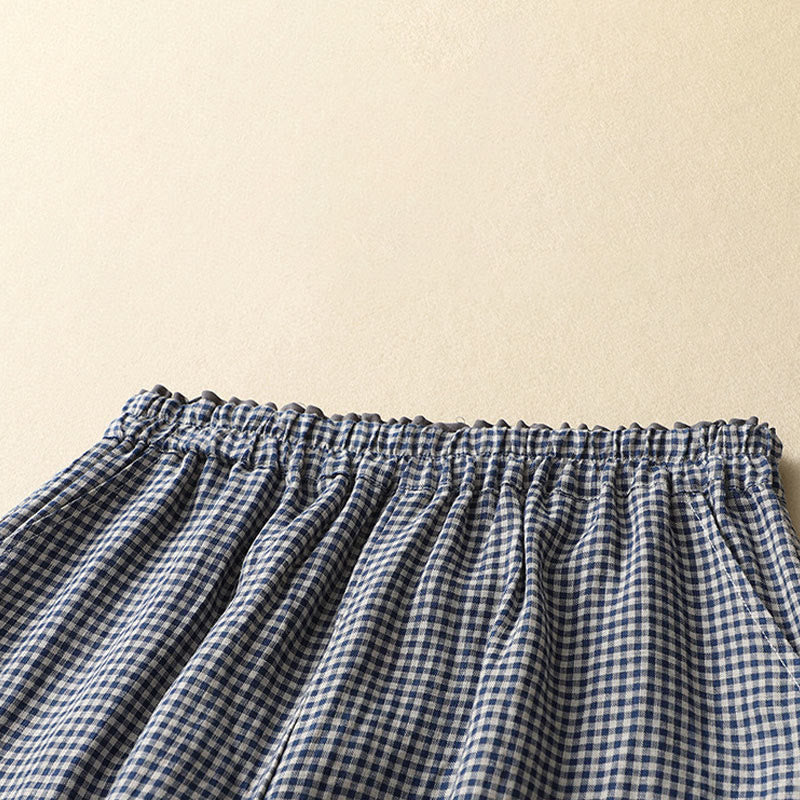 Pantalones casuales de lino y algodón con estampado a cuadros Buddha Stones Commute, de longitud 7-8, para mujer, con pernera ancha y bolsillos - image 2