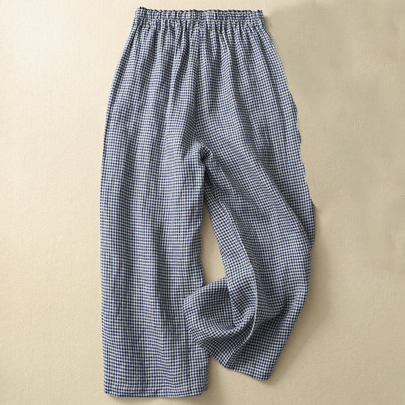 Pantalones casuales de lino y algodón con estampado a cuadros Buddha Stones Commute, de longitud 7-8, para mujer, con pernera ancha y bolsillos - Marina de guerra - US8-10，UK/AU12-14，EU40-42 (2XL) - image 0