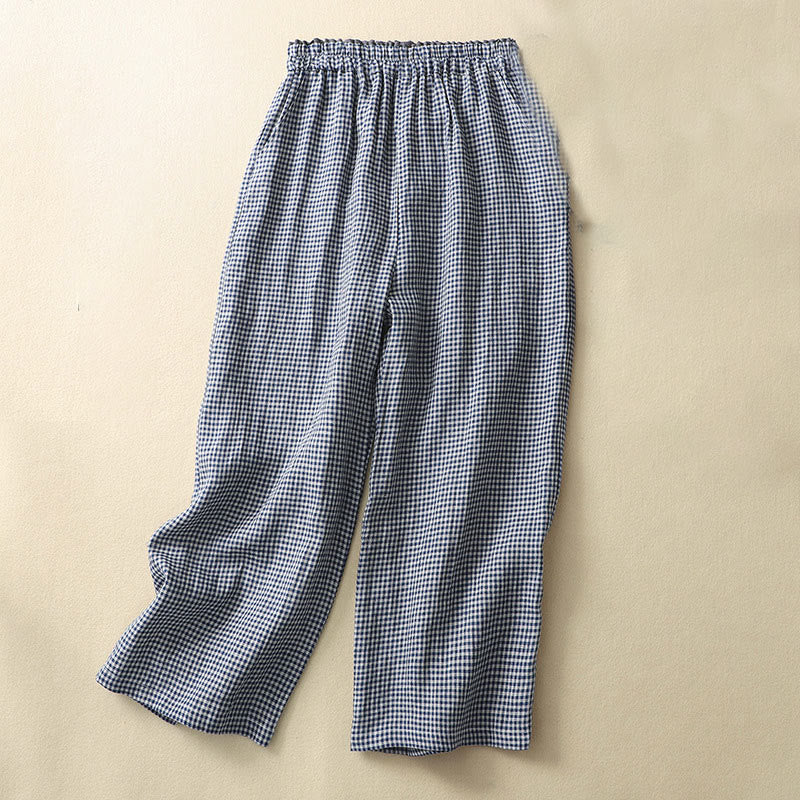 Pantalones casuales de lino y algodón con estampado a cuadros Buddha Stones Commute, de longitud 7-8, para mujer, con pernera ancha y bolsillos - image 1