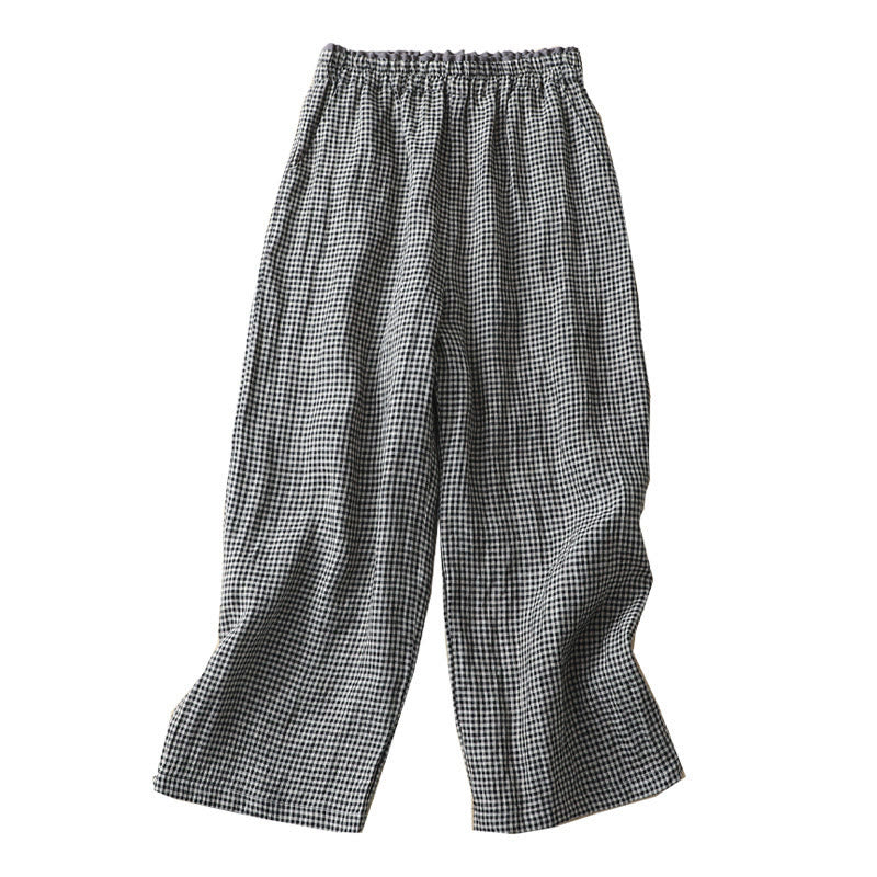 Pantalones casuales de lino y algodón con estampado a cuadros Buddha Stones Commute, de longitud 7-8, para mujer, con pernera ancha y bolsillos - image 15