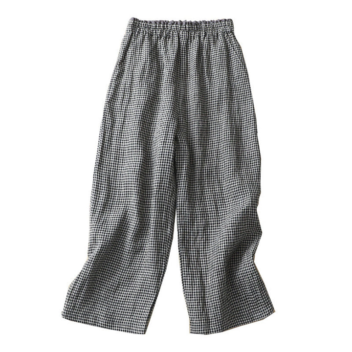 Pantalones casuales de lino y algodón con estampado a cuadros Buddha Stones Commute, de longitud 7-8, para mujer, con pernera ancha y bolsillos - image 15