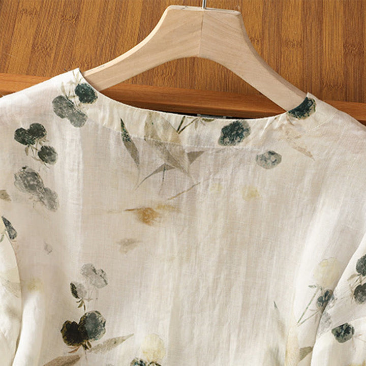Camisa de mujer de poliéster con cuello en V y diseño de botones, estampada con Buddha Stones y plantas. - image 4