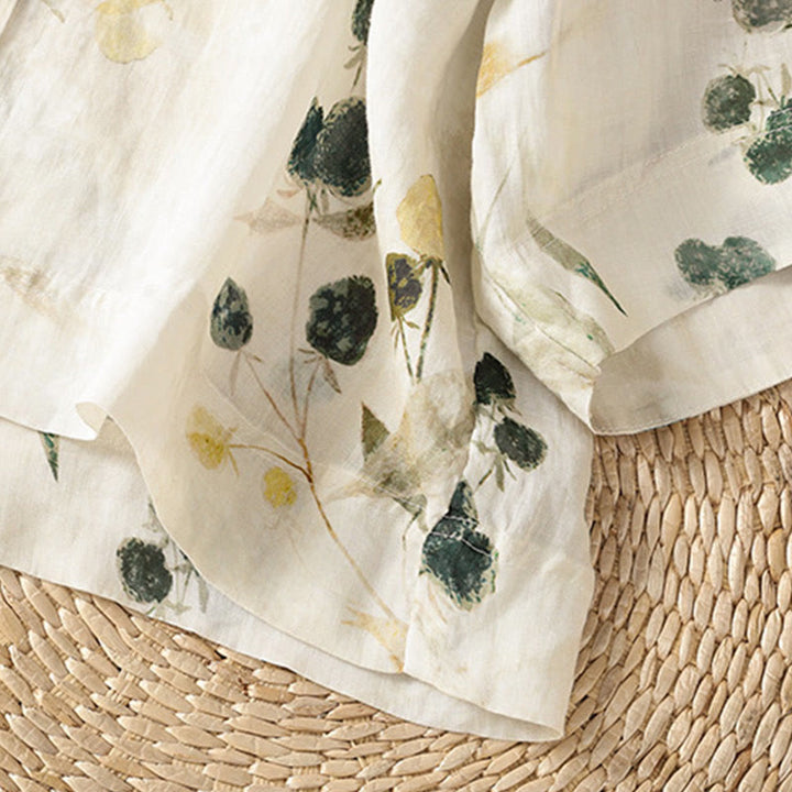 Camisa de mujer de poliéster con cuello en V y diseño de botones, estampada con Buddha Stones y plantas. - image 6