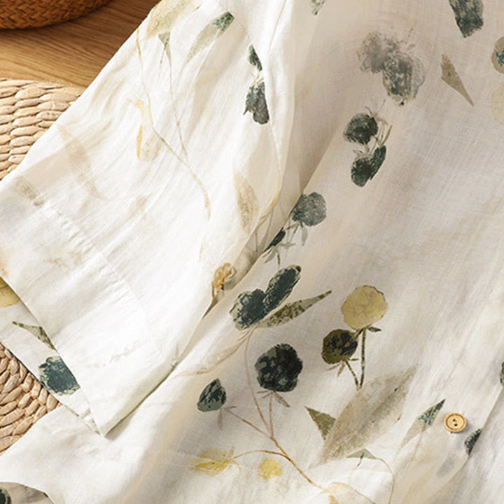 Camisa de mujer de poliéster con cuello en V y diseño de botones, estampada con Buddha Stones y plantas. - image 7