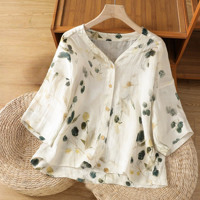 Camisa de mujer de poliéster con cuello en V y diseño de botones, estampada con Buddha Stones y plantas. - Marfil - US14，UK/AU18，EU46 (2XL) - image 0