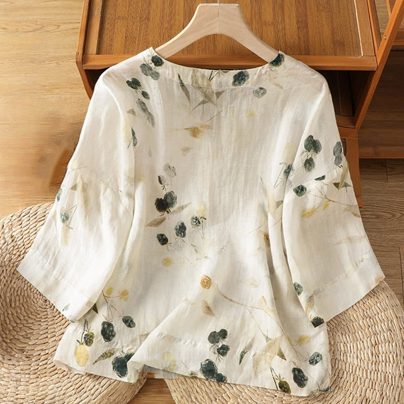 Camisa de mujer de poliéster con cuello en V y diseño de botones, estampada con Buddha Stones y plantas. - image 1