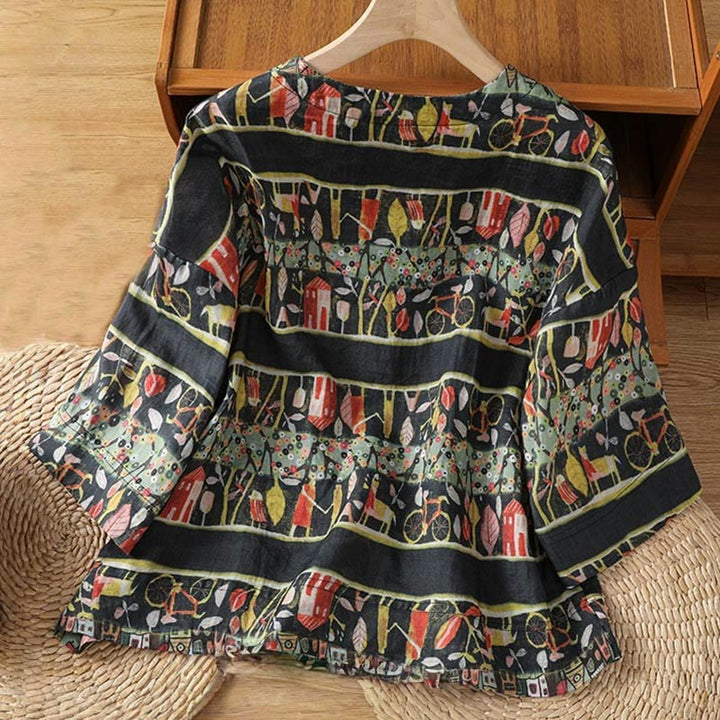 Camisa de mujer de poliéster con cuello en V y diseño de botones, estampada con Buddha Stones y plantas. - image 10