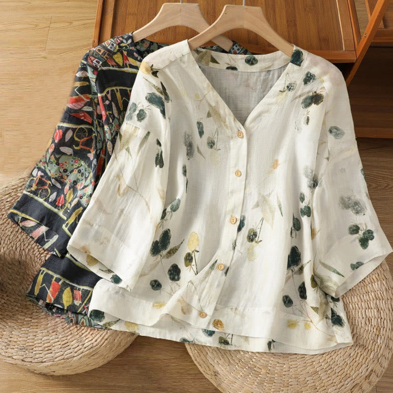 Camisa de mujer de poliéster con cuello en V y diseño de botones, estampada con Buddha Stones y plantas. - image 16