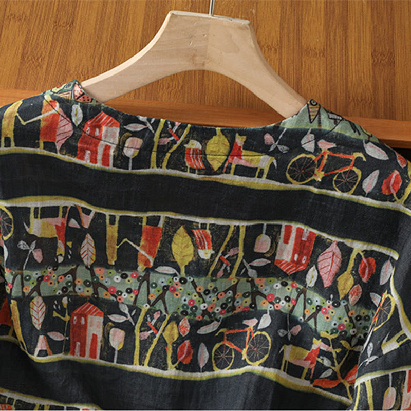 Camisa de mujer de poliéster con cuello en V y diseño de botones, estampada con Buddha Stones y plantas. - image 11