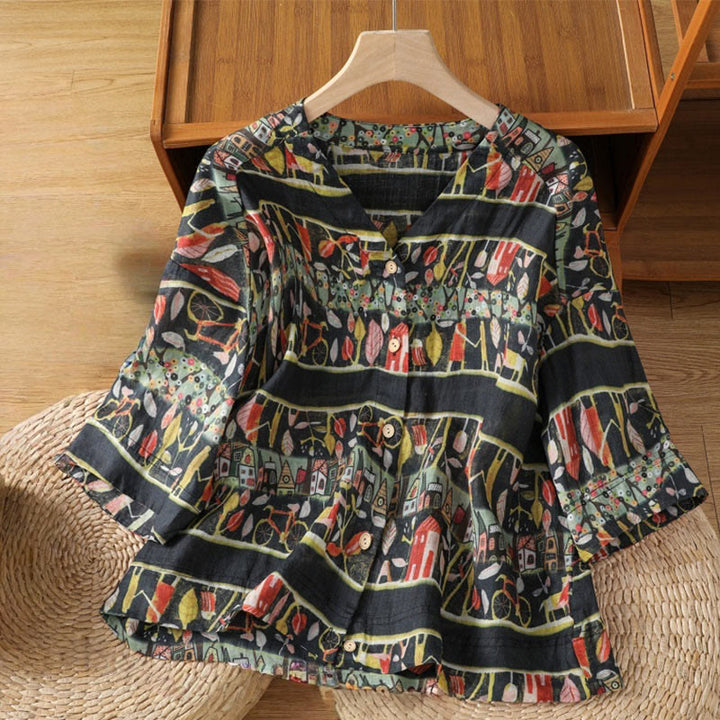 Camisa de mujer de poliéster con cuello en V y diseño de botones, estampada con Buddha Stones y plantas. - Negro - US14，UK/AU18，EU46 (2XL) - image 9