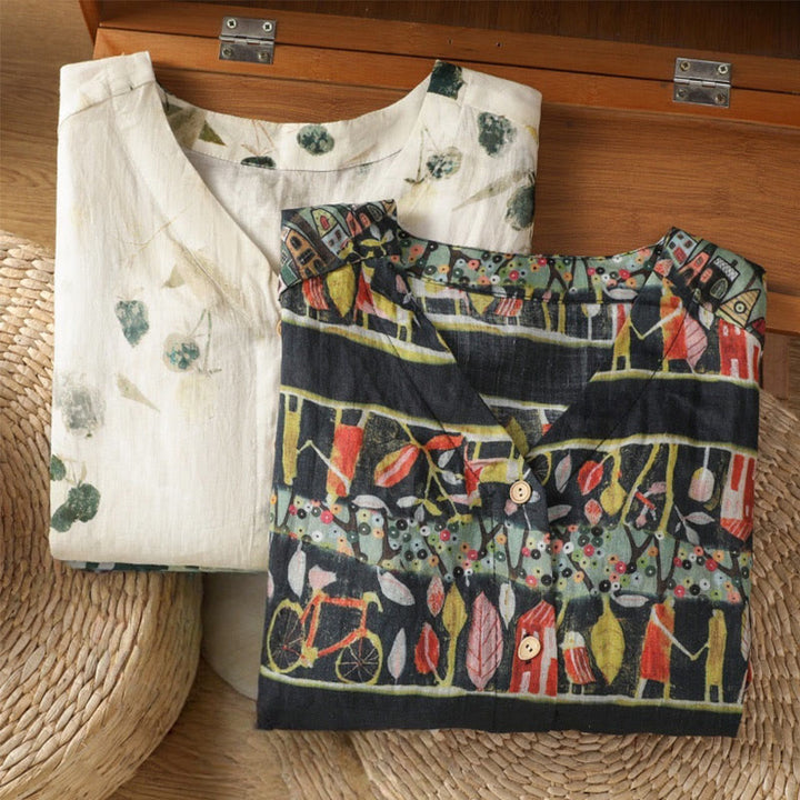 Camisa de mujer de poliéster con cuello en V y diseño de botones, estampada con Buddha Stones y plantas. - image 17