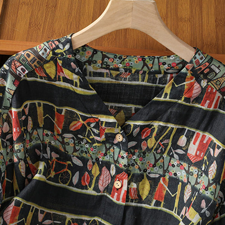 Camisa de mujer de poliéster con cuello en V y diseño de botones, estampada con Buddha Stones y plantas. - image 14