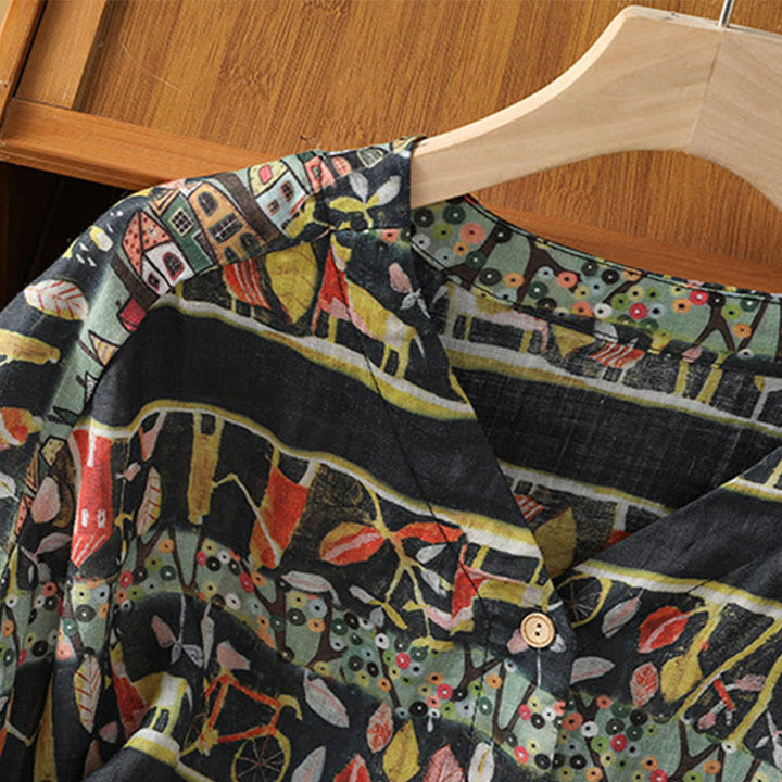 Camisa de mujer de poliéster con cuello en V y diseño de botones, estampada con Buddha Stones y plantas. - image 13