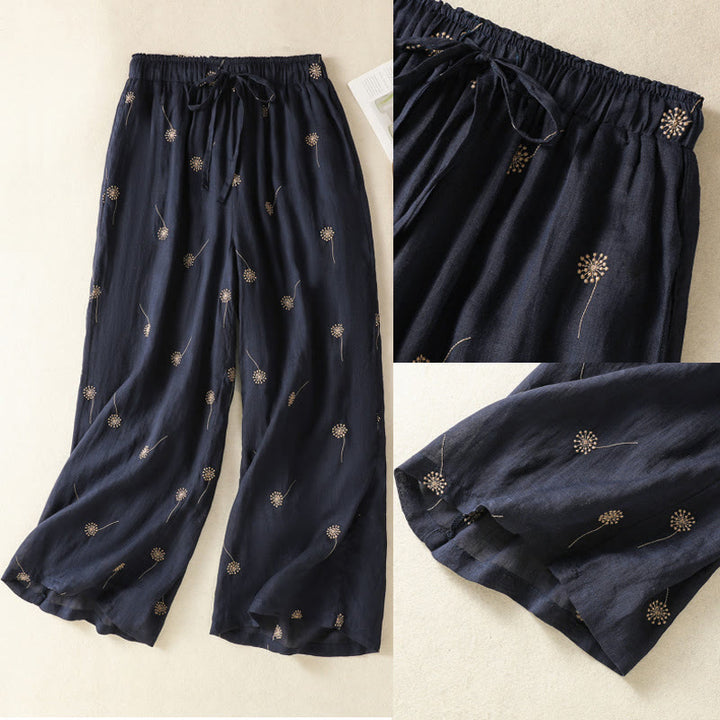 Pantalones de lino y algodón con estampado de diente de león para mujer, estilo casual, de pierna ancha, color azul medianoche, Buddha Stones - image 10