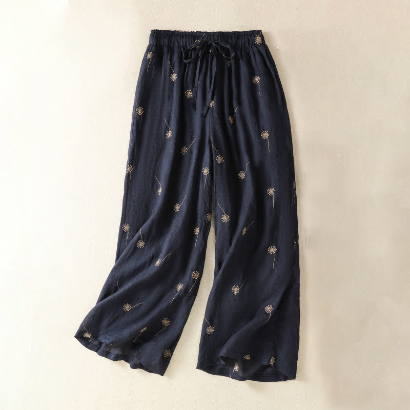 Pantalones de lino y algodón con estampado de diente de león para mujer, estilo casual, de pierna ancha, color azul medianoche, Buddha Stones - image 1