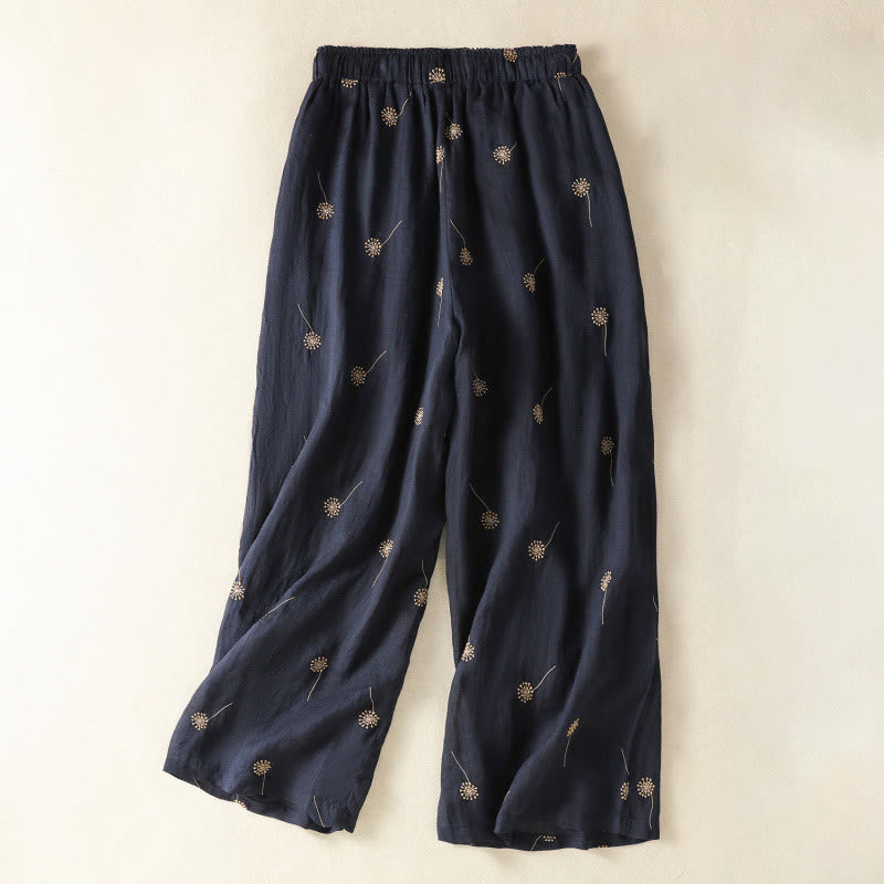 Pantalones de lino y algodón con estampado de diente de león para mujer, estilo casual, de pierna ancha, color azul medianoche, Buddha Stones - Azul medianoche - US8-10，UK/AU12-14，EU40-42 (2XL) - image 0