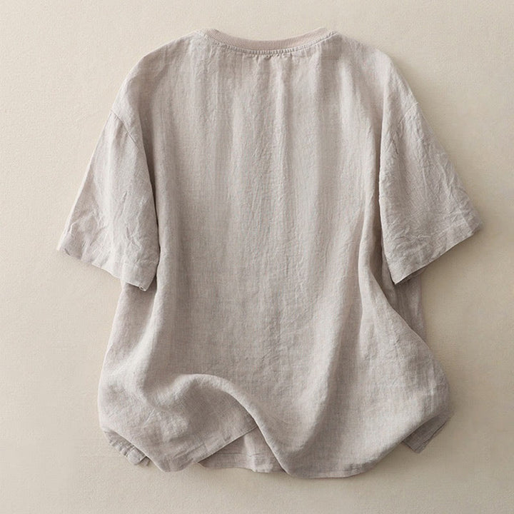 Camisa de poliéster de manga corta para mujer con diseño de Buddha Stones, cuello redondo y diseño de hilo liso - image 25