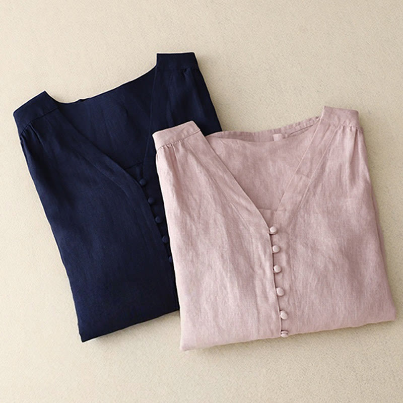 Camisa de manga larga de algodón y lino para mujer con cuello en V y diseño de Buddha Stones - image 1