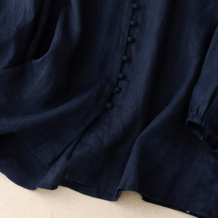 Camisa de manga larga de algodón y lino para mujer con cuello en V y diseño de Buddha Stones - image 10