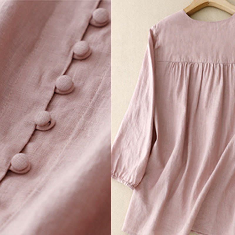 Camisa de manga larga de algodón y lino para mujer con cuello en V y diseño de Buddha Stones - image 5